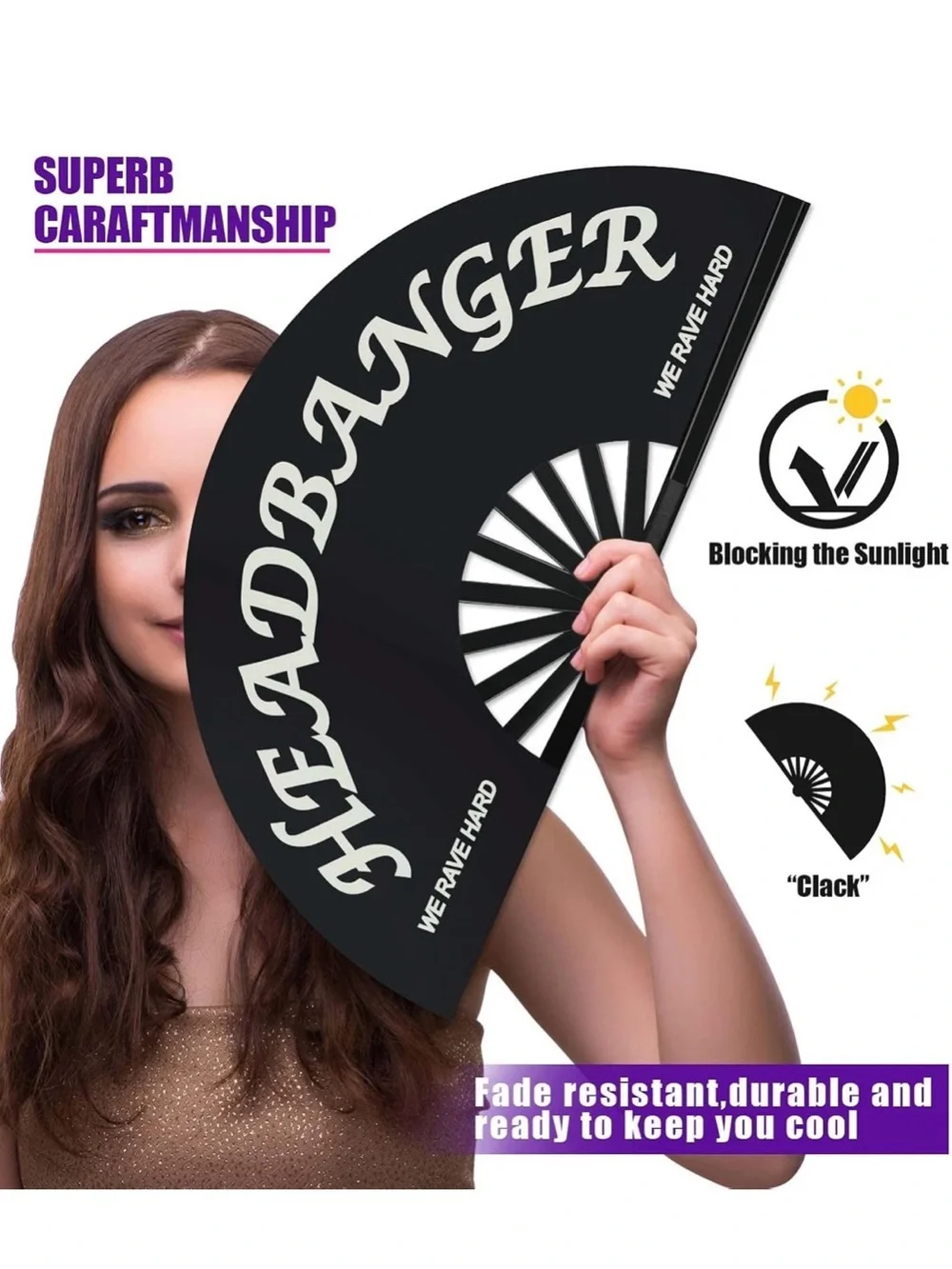 Large Rave Folding Clack Handheld Fan with White Lettering
